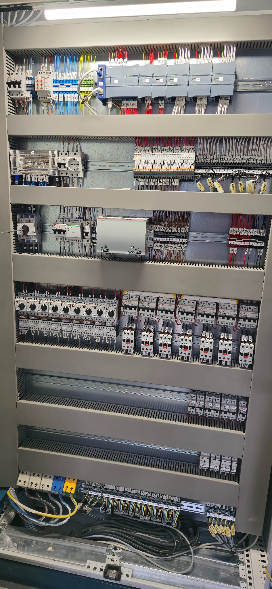 Szara szafa sterownicza z licznymi przewodami, stycznikami i modułami PLC. Widoczne oznaczenia na przewodach i listwy zaciskowe.