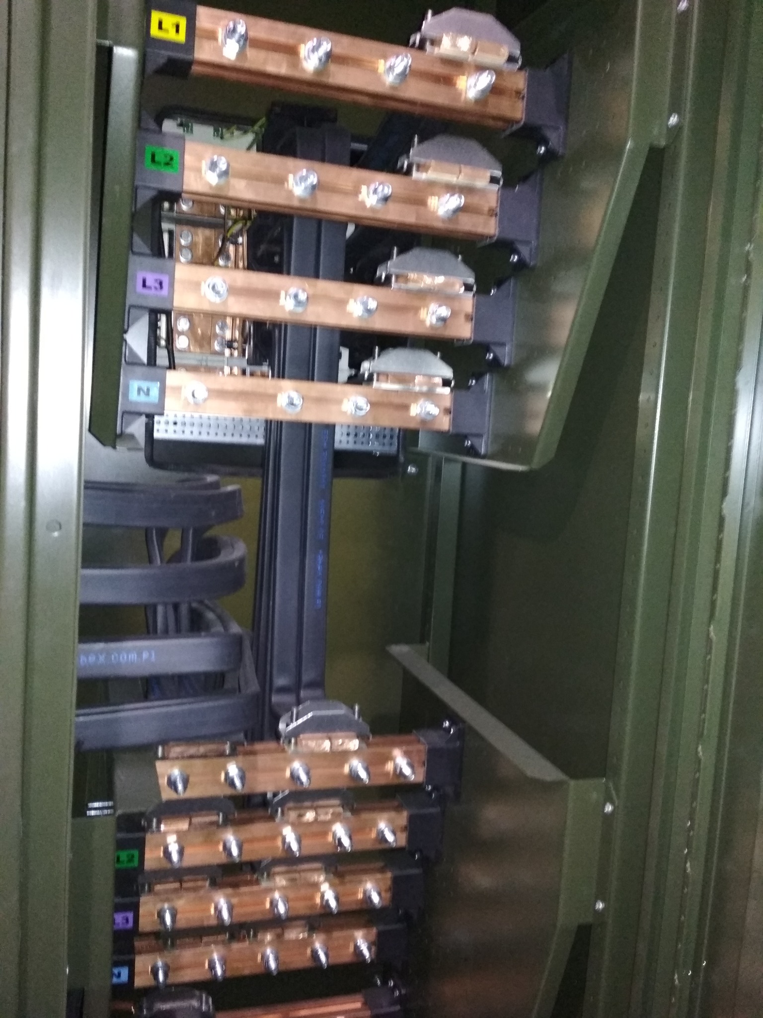Wnętrze szafy elektrycznej z widocznymi szynami zbiorczymi oznaczonymi L1, L2, L3 i N. Kable w spiralnej osłonie. Metalowa obudowa w odcieniach zieleni.