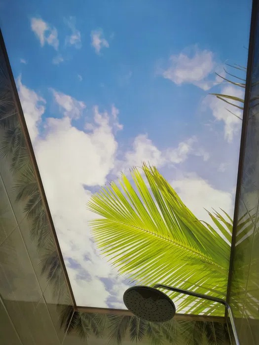 Sufit z motywem nieba i palmy w łazience w Białymstoku. Nad kabiną prysznicową widoczny relaksujący widok. Nowoczesny design wnętrza.