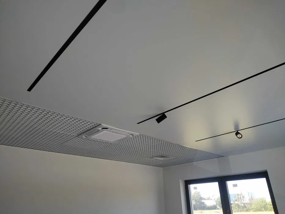 Biały sufit z czarnymi liniami oświetleniowymi i kratką wentylacyjną, widok z dołu, nowoczesny design, okno z widokiem na zieleń.