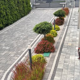 Przemysław gaca - Ogród z równo przyciętymi krzewami i drzewami ozdobnymi wzdłuż ścieżki z kostki brukowej, Nowy Dwór Mazowiecki. Oświetlenie ogrodowe.