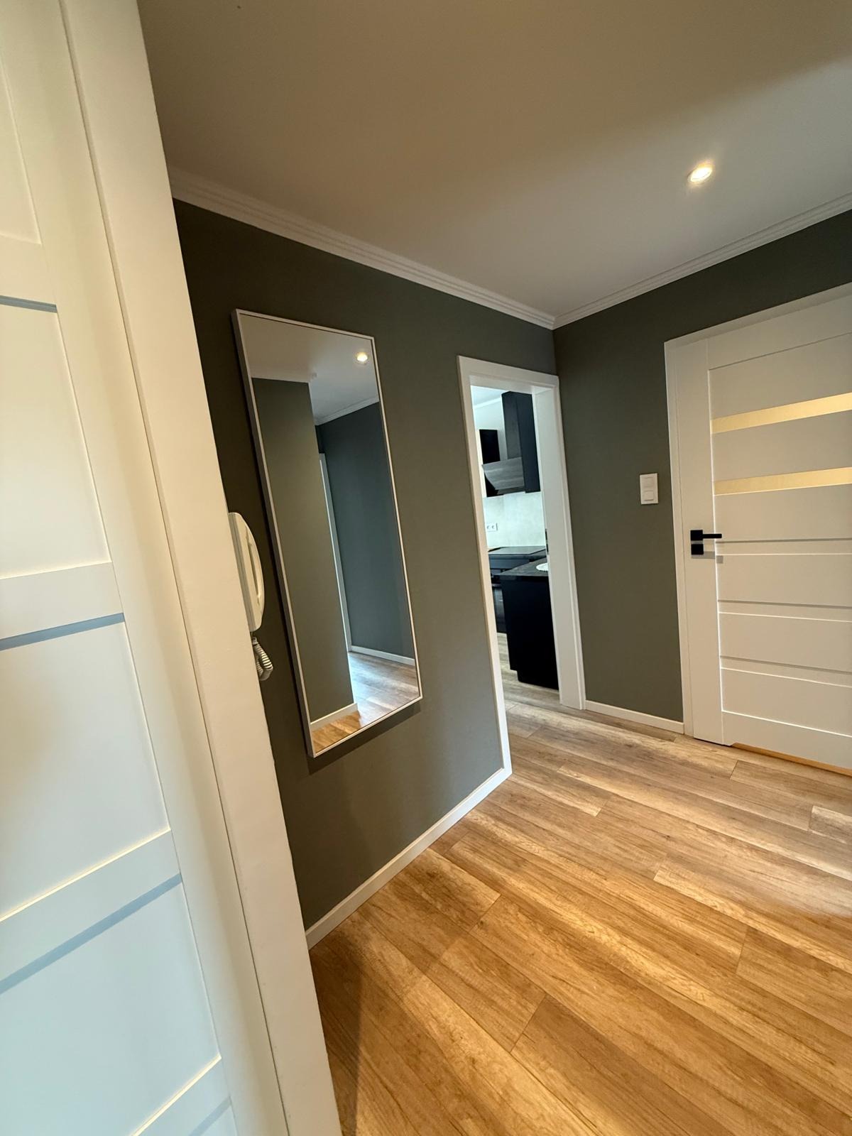 Nowoczesny przedpokój z drewnianą podłogą, białymi drzwiami z poziomymi paskami i lustrem w srebrnej ramie. Widok na kuchnię w głębi. Ściany w odcieniach szarości.