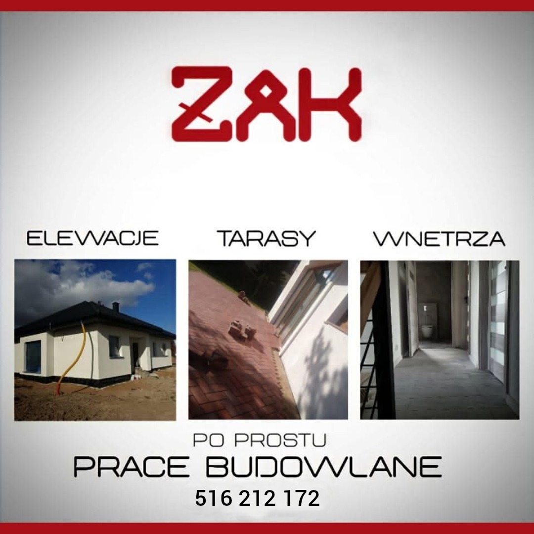 Przykładowe realizacje firmy Z&K: elewacje z żółtą rurą gazową, tarasy z czerwoną kostką i wykończone wnętrza z szarą łazienką. Kontakt: 516 212 172.