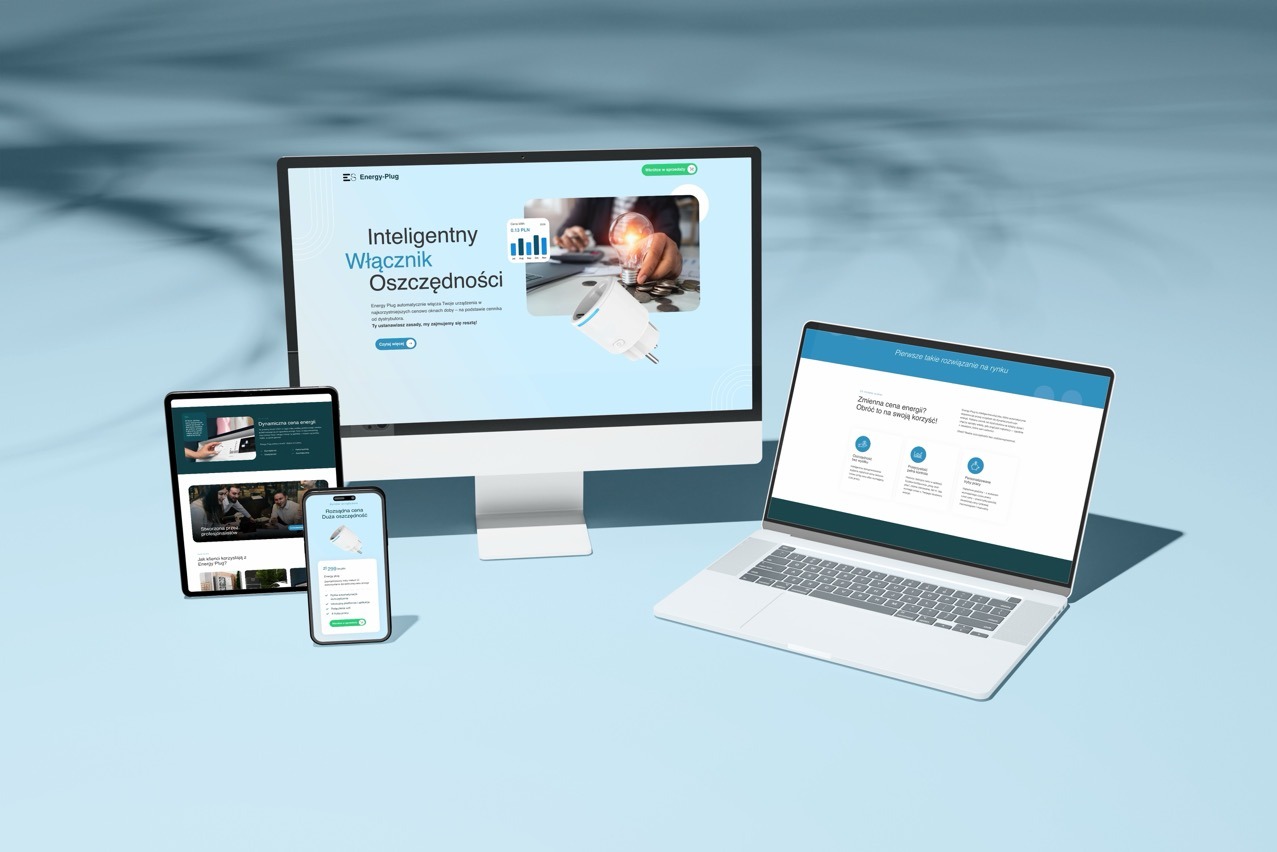 Responsywny design strony internetowej Energy-Plug na monitorze, laptopie, tablecie i smartfonie. Prezentacja inteligentnego włącznika oszczędności energii.