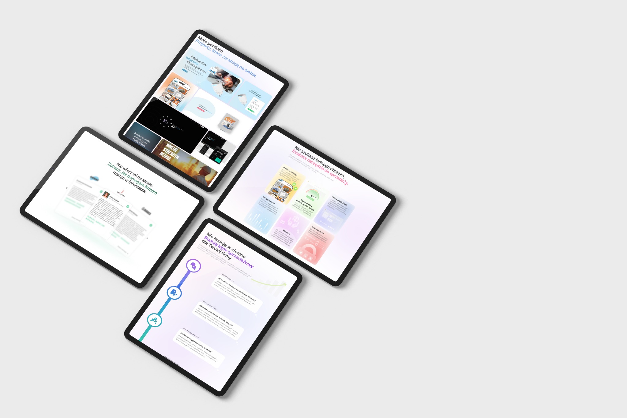 Cztery tablety prezentują portfolio projektów stron internetowych, statystyki ruchu, lejek sprzedażowy i opinie klientów na jasnoszarym tle.