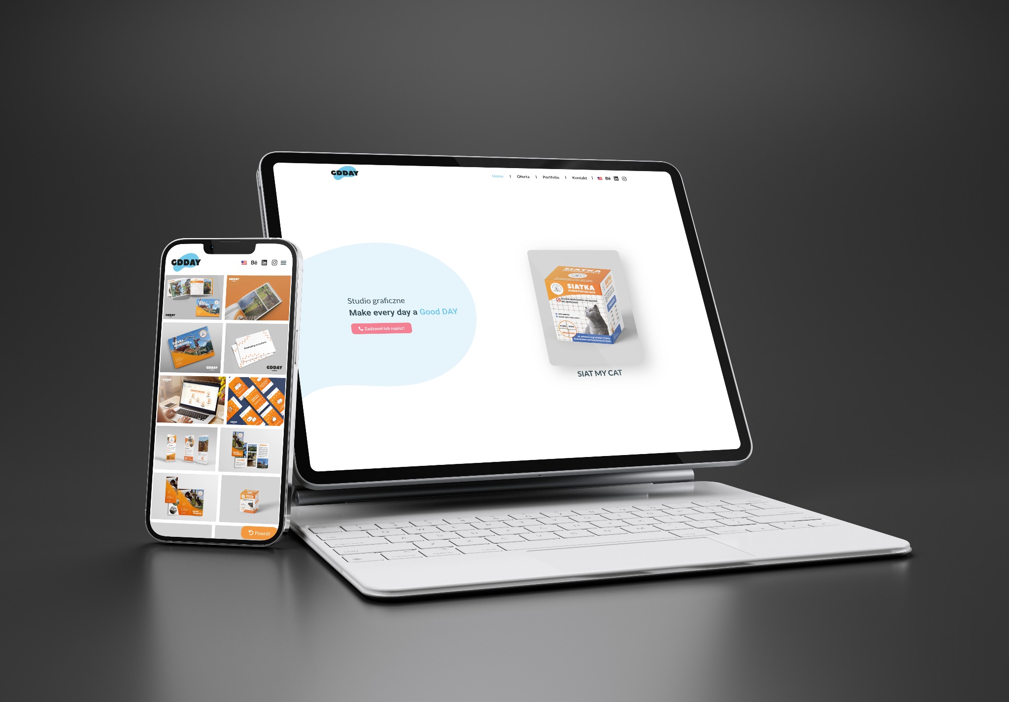 Prezentacja strony internetowej studia graficznego na tablecie i smartfonie. Widoczny projekt opakowania produktu 'Siat My Cat' i portfolio firmy 'Good Day'.