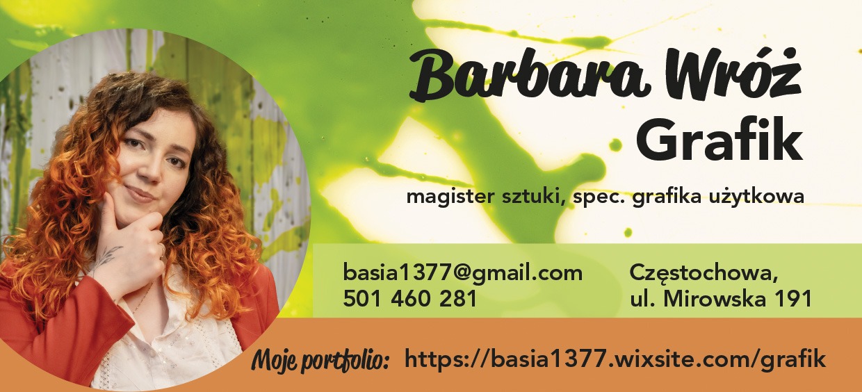 Kreatywna wizytówka grafika z portretem, imieniem i nazwiskiem, adresem e-mail, numerem telefonu oraz linkiem do portfolio na tle zielonej abstrakcji.