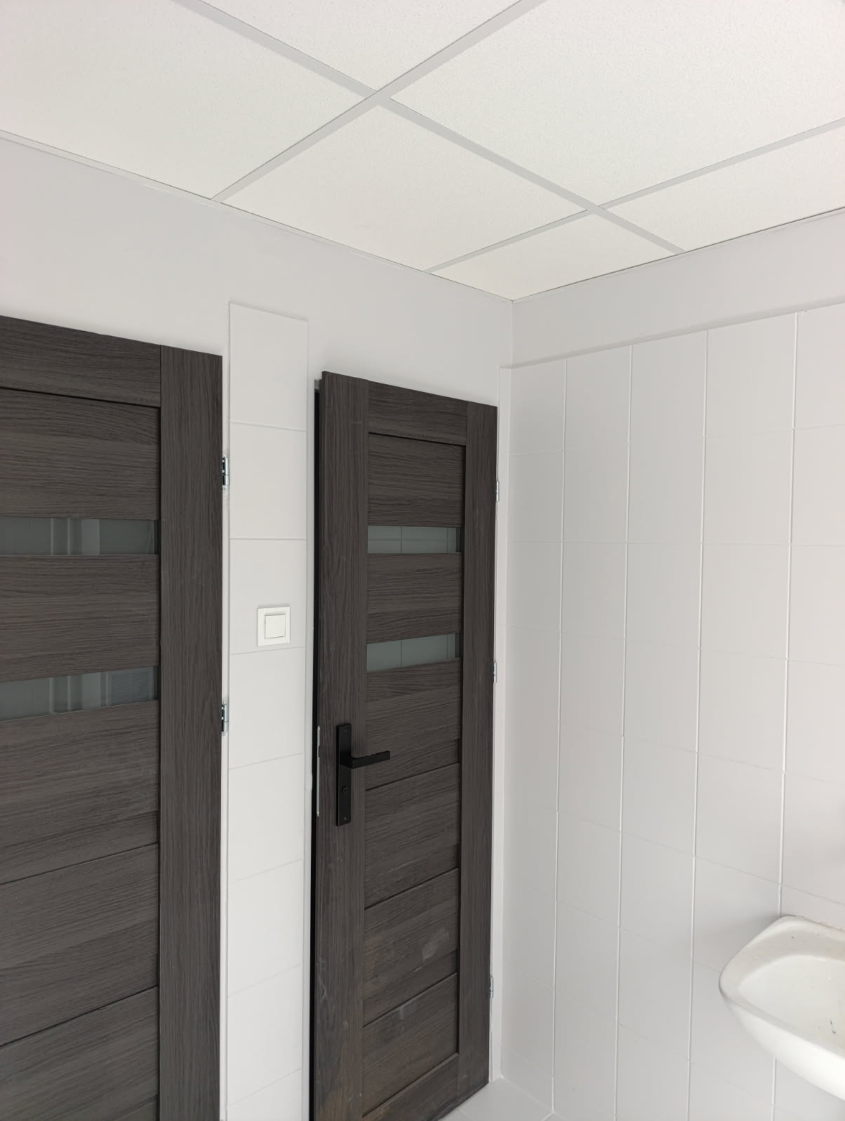 Wykończona łazienka z dwoma ciemnymi drzwiami z przeszkleniami, białe płytki na ścianach i sufit podwieszany. Widoczna umywalka. Minimalistyczny design.