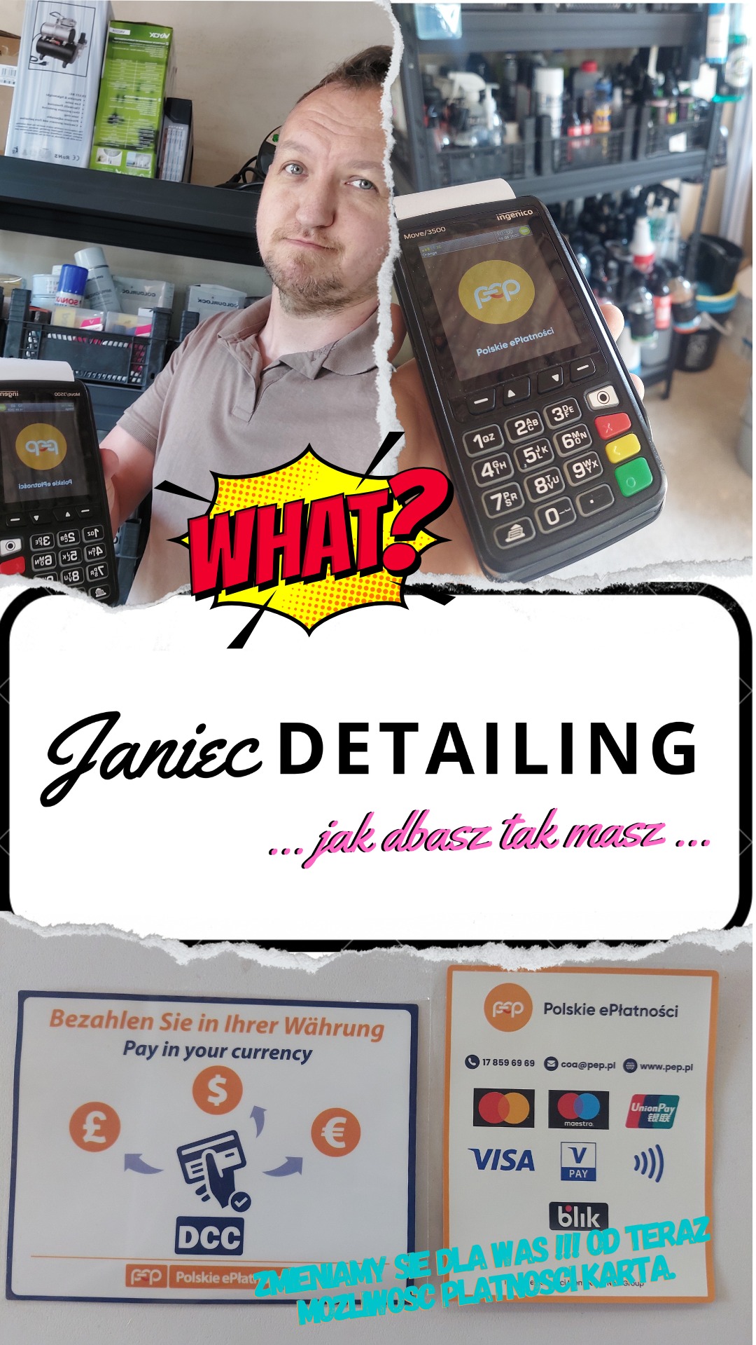 Mężczyzna prezentuje terminale płatnicze w warsztacie Janiec Detailing, informując o akceptacji różnych form płatności, w tym kartą, Blikiem i walutami obcymi.