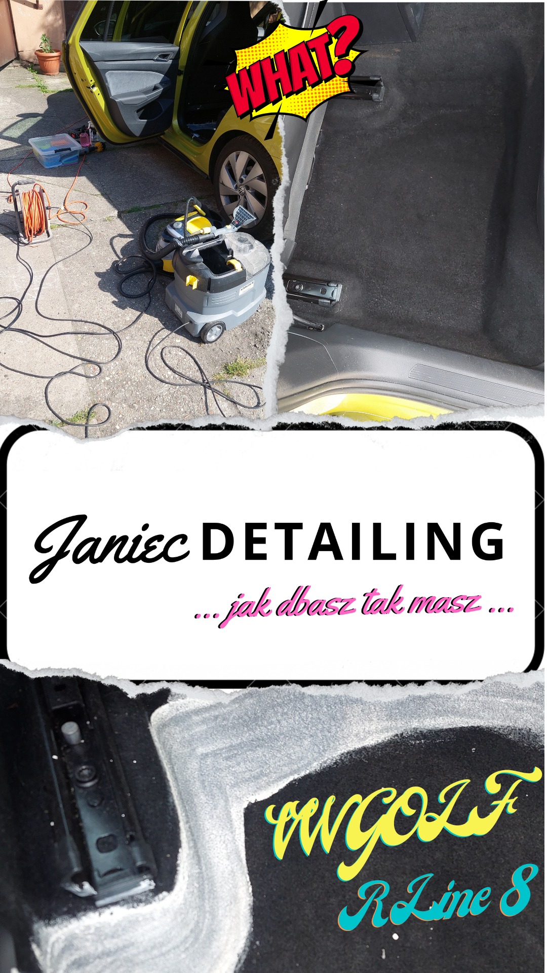 Żółty samochód z odkurzaczem Karcher do prania tapicerki. Widoczny napis Janiec Detailing i VW Golf R Line 8. Grafika w stylu kolażu.