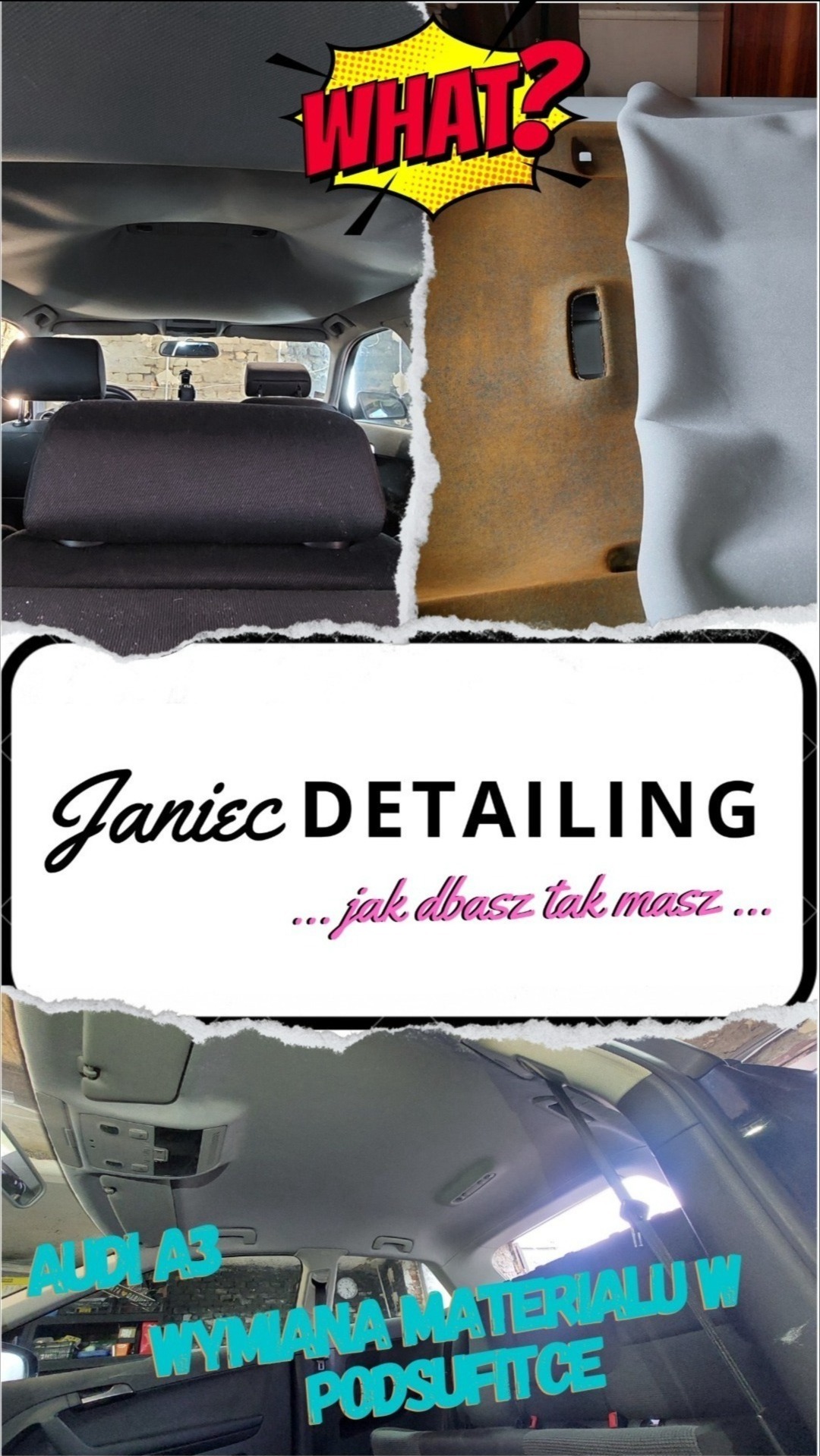 Wymiana podsufitki w Audi A3: porównanie starego, zniszczonego materiału z nowym, szarym. Widok wnętrza auta przed i po renowacji. Janiec Detailing.