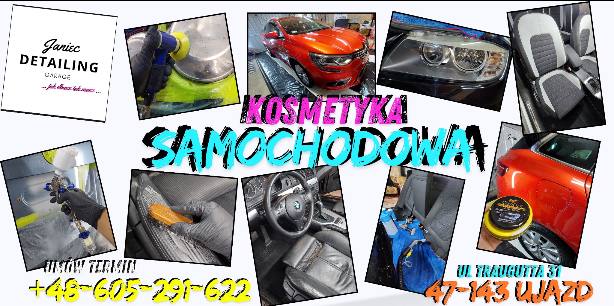 Zestaw zdjęć prezentujący detale kosmetyki samochodowej: polerowanie lakieru, czyszczenie tapicerki, wnętrza i reflektorów. Usługi detailingowe.