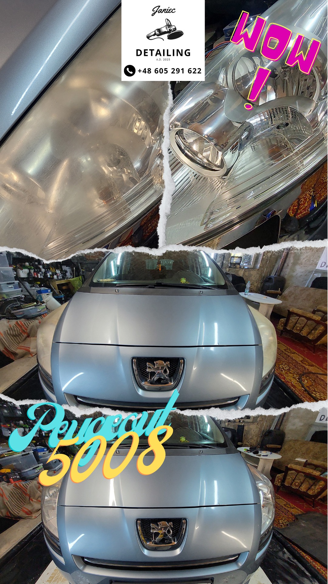 Reflektory Peugeot 5008 przed i po renowacji, z efektem 'WOW!', prezentowane na kolażu z logo 'Janiec Detailing' i danymi kontaktowymi.