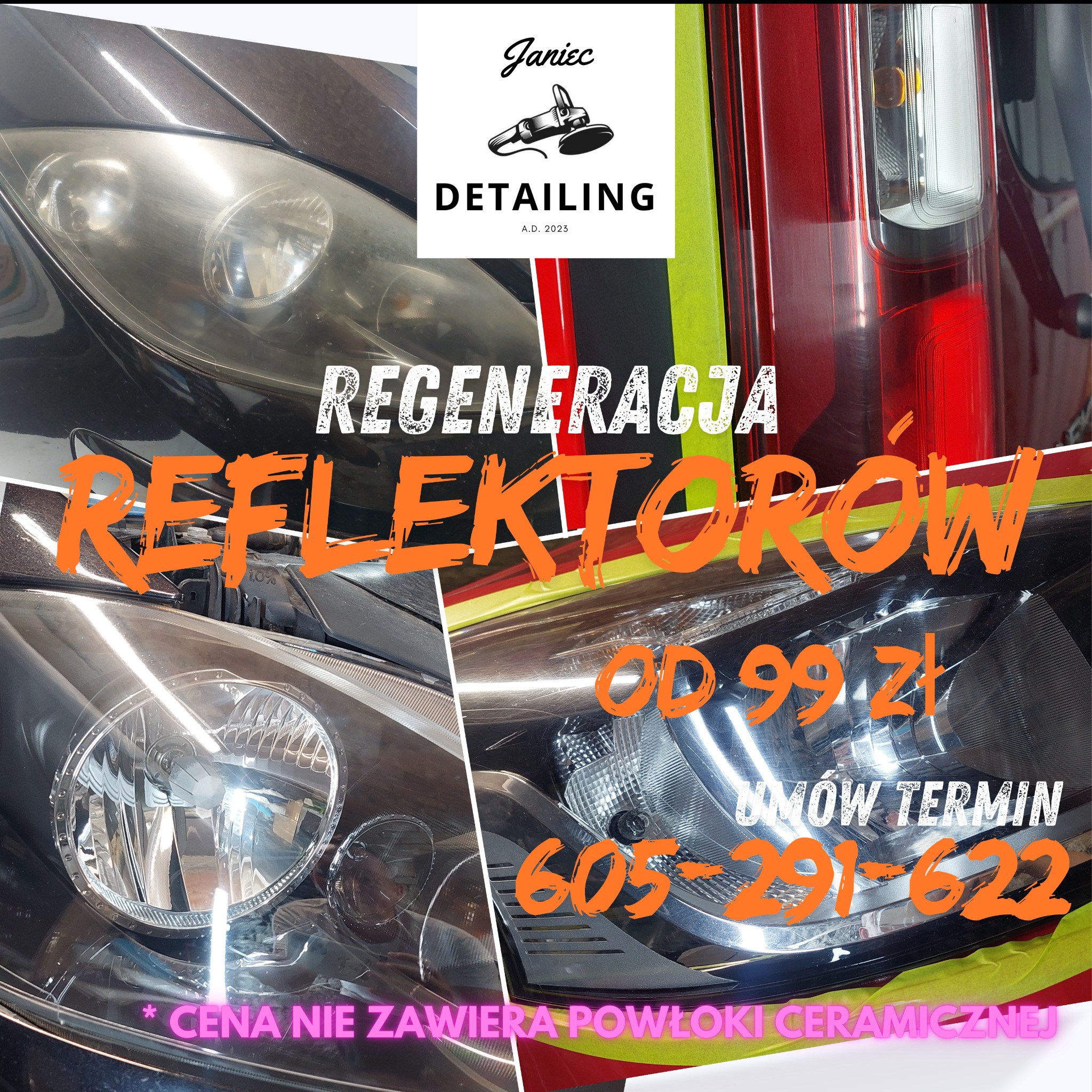 Regeneracja reflektorów samochodowych: porównanie stanu przed i po. Wyczyczczone, lśniące światła auta. Promocja: od 99 zł. Umów termin: 605-291-622.