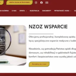 Strona internetowa NZOZ Wsparcie z nagrodą jubileuszową. Widoczne menu, logo firmy i tekst o ofercie opieki zdrowotnej. Kolorystyka stonowana, profesjonalny wygląd.
