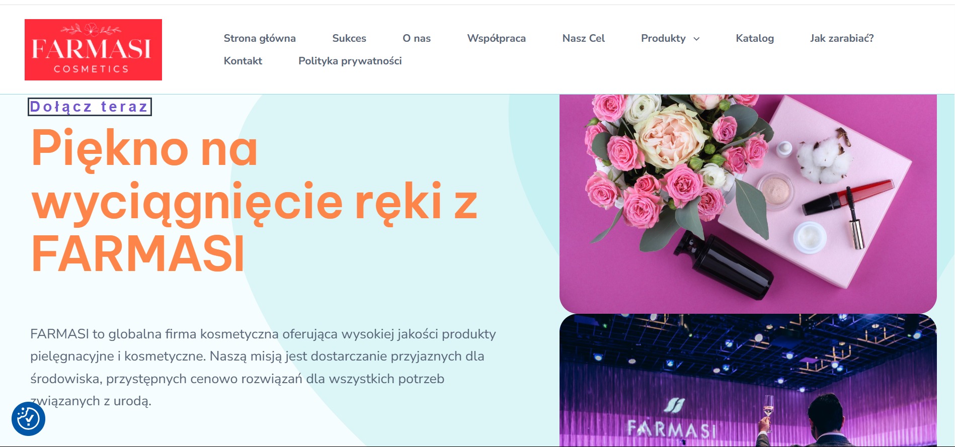 Strona internetowa Farmasi z nagłówkiem, menu i produktami kosmetycznymi. Widoczny bukiet kwiatów i kosmetyki na różowym tle. Projekt strony wizytówkowej.