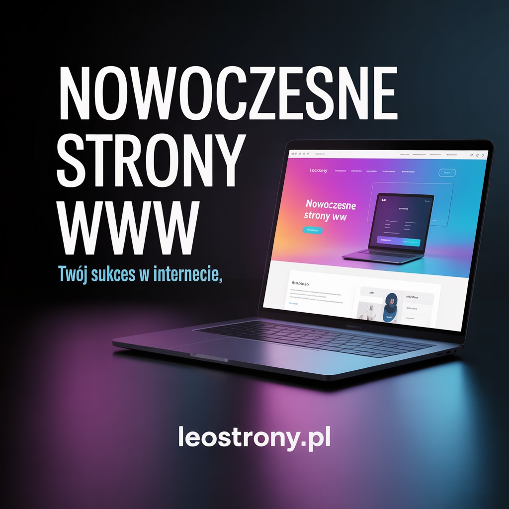 Laptop prezentuje nowoczesny design strony WWW z logo firmy z Wólki Pełkińskiej. Widoczne gradientowe tło i minimalistyczny interfejs. Domena firmy na dole.