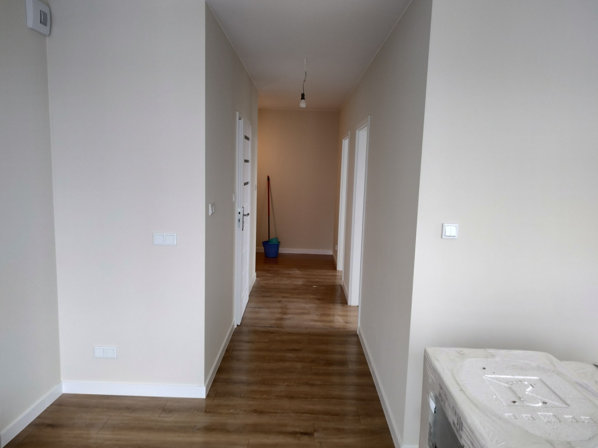 Jasny korytarz po remoncie z panelami podłogowymi, świeżo pomalowanymi ścianami i nowymi drzwiami. W głębi widoczne wiadro i mop.
