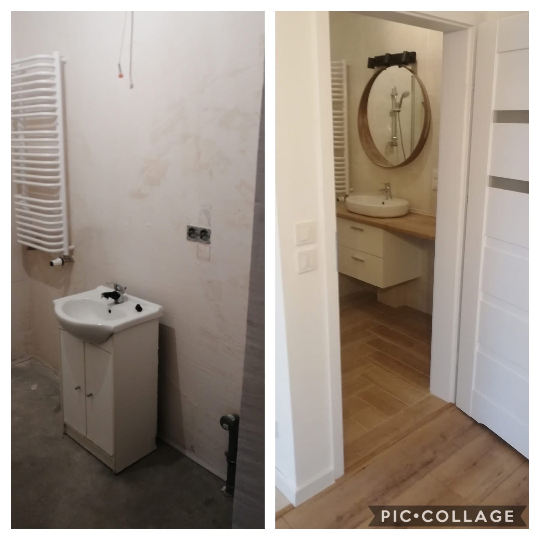 Zdjęcie 'przed i po' remontu łazienki. Po lewej: stan surowy z grzejnikiem i umywalką. Po prawej: wykończona łazienka z lustrem, szafką i drewnianą podłogą.