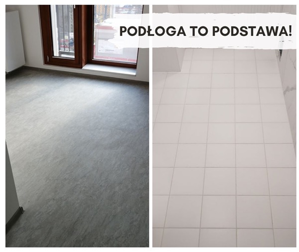 Kolaż: szara, gładka podłoga w pokoju z oknem i biała, kwadratowa podłoga z płytek w łazience. U góry napis 'Podłoga to podstawa!'.