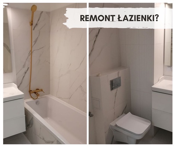 Wykończona łazienka z wanną, złotą armaturą i marmurowymi płytkami. Po prawej toaleta i umywalka. Nowoczesny design.