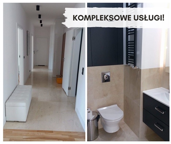 Korytarz z beżową podłogą przechodzi w wykończoną łazienkę z toaletą, grzejnikiem i umywalką w czarnej szafce. Ujęcie z napisem 'Kompleksowe usługi!'.