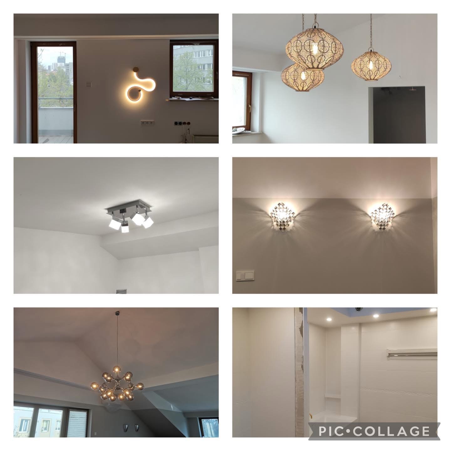 Kolaż prezentujący różne style oświetlenia wnętrz: lampy wiszące, kinkiety i plafony, ukazujące nowoczesne i klasyczne aranżacje w jasnych pomieszczeniach.