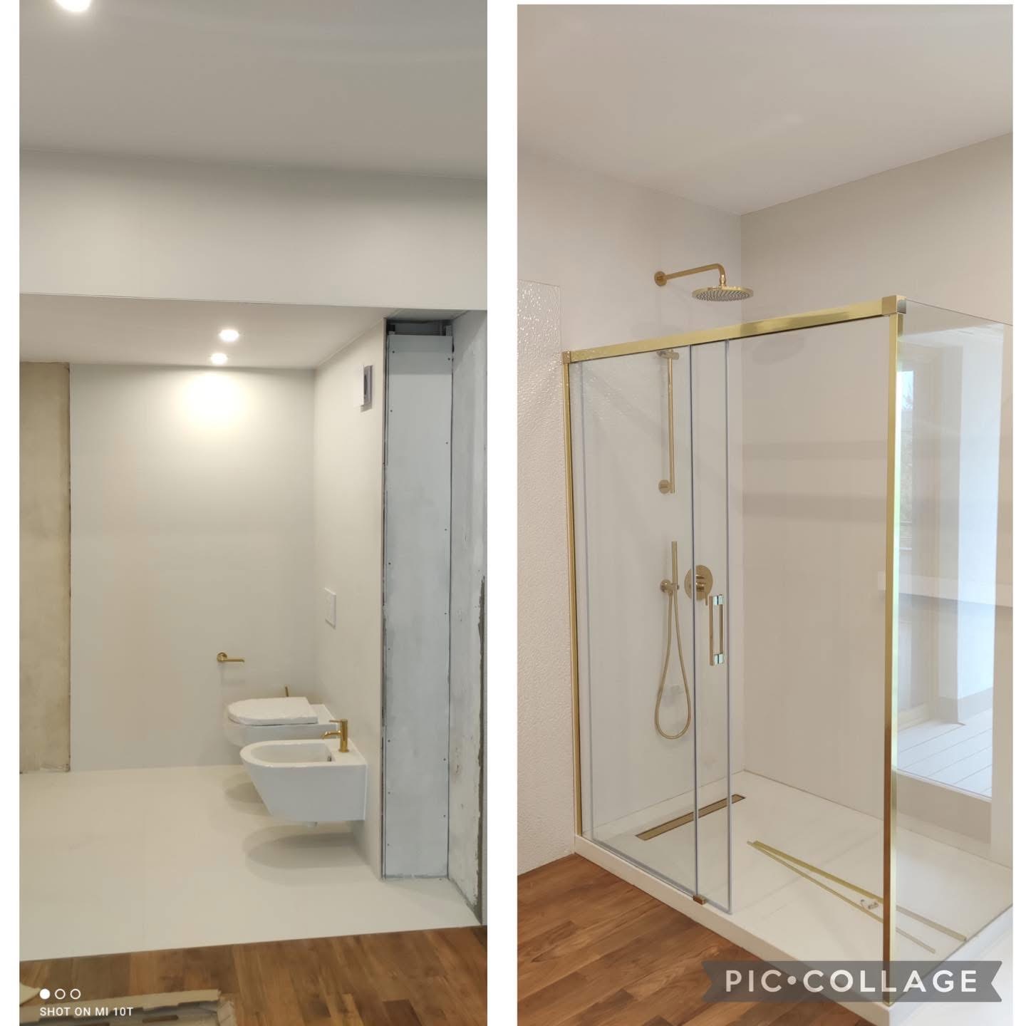Zdjęcie 'przed i po' ukazuje metamorfozę łazienki: od surowego stanu z toaletą i bidetem po nowoczesny prysznic z złotymi akcentami i drewnianą podłogą.
