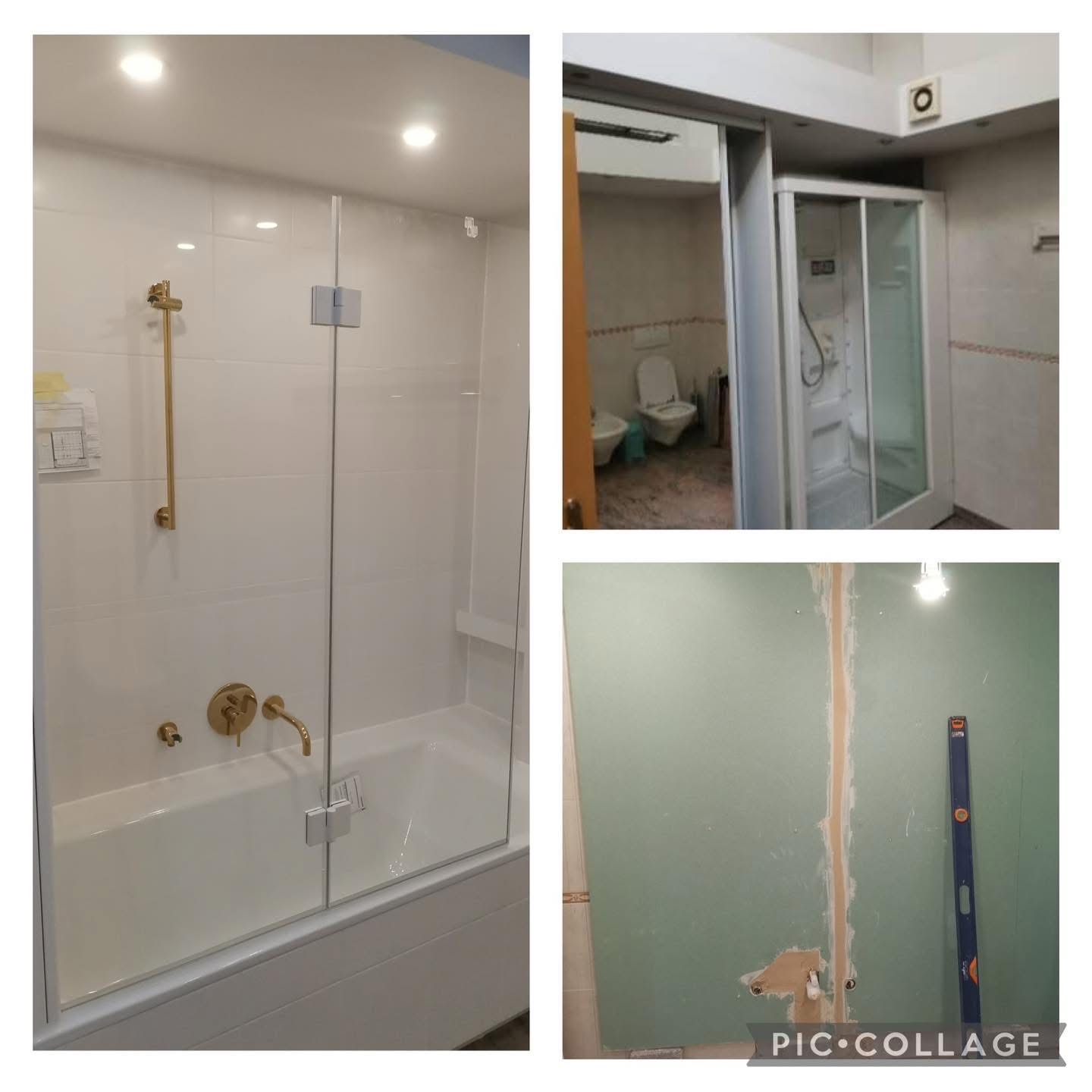 Kolaż z trzema ujęciami łazienki: wykończona wanna z parawanem, kabina prysznicowa i fragment ściany w trakcie prac wykończeniowych z poziomicą.