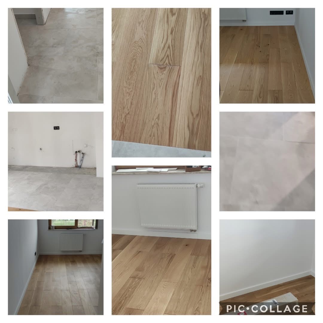 Kolaż zdjęć prezentujący etapy prac wykończeniowych: ułożone płytki podłogowe, drewniany parkiet z grzejnikiem, fragment ściany z listwą przypodłogową i surowe wnętrze.