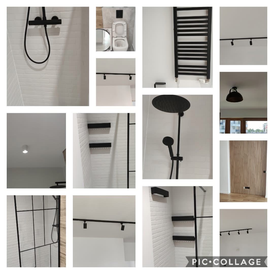 Kolaż z detali wykończenia łazienki: czarna armatura, oświetlenie punktowe, biała cegiełka, grzejnik drabinkowy i drewniane lamele ścienne. Nowoczesny design.