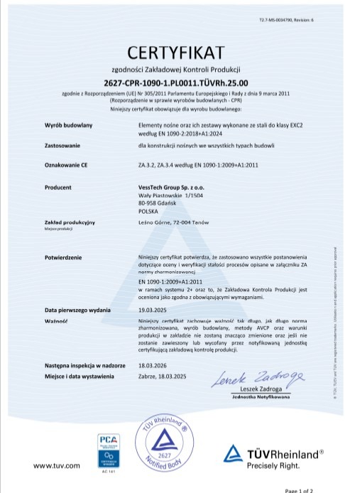 Certyfikat zgodności Zakładowej Kontroli Produkcji dla elementów nośnych wykonanych ze stali, zgodny z normą EN 1090-2:2018+A1:2024, wydany przez TÜV Rheinland.
