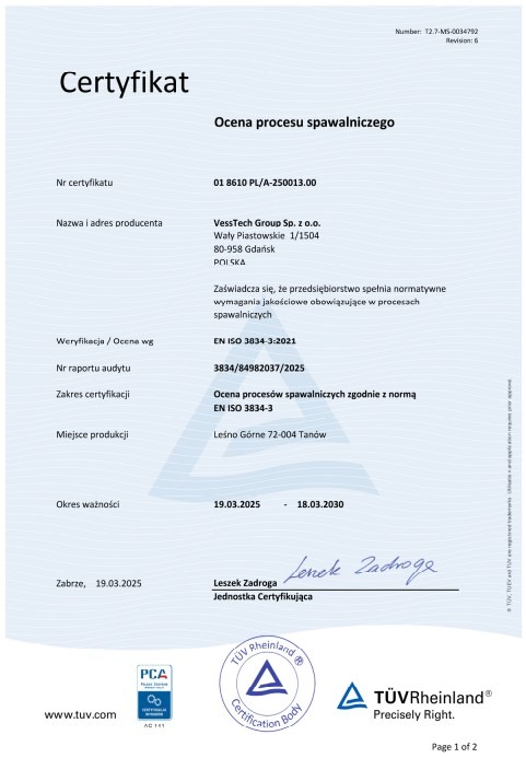 Certyfikat oceny procesu spawalniczego VessTech Group Sp. z o.o. zgodny z normą EN ISO 3834-3, ważny do 18.03.2030, wystawiony przez TÜV Rheinland.