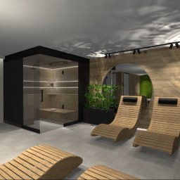 Aranżacje wnętrz Agnieszka Skarżyńska - Wizualizacja łazienki z sauną, drewnianymi leżakami i ścianą z roślinami, oświetlenie punktowe na suficie.