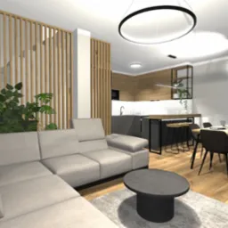 Wizualizacja nowoczesnego wnętrza z salonem i kuchnią w Oławie. Jasna sofa narożna, drewniane lamele, stół jadalny i czarne krzesła tworzą spójną aranżację.
