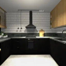Nowoczesna kuchnia z czarnymi szafkami i blatem z efektem marmuru. Uwagę przykuwają płytki w kształcie migdałów na ścianie i drewniane żaluzje w oknie.