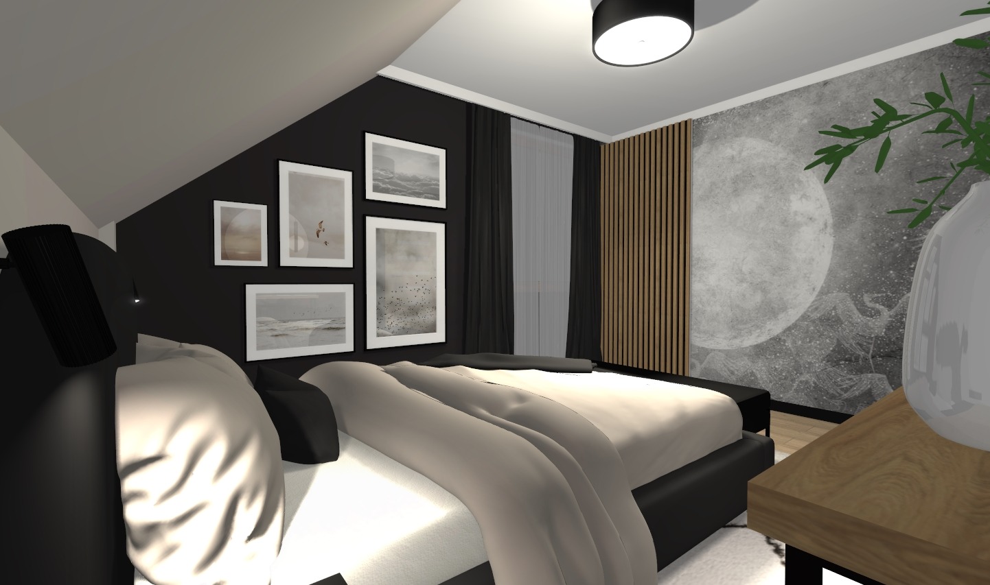 Wizualizacja sypialni w stylu nowoczesnym z czarnymi ścianami, galerią obrazów nad łóżkiem, drewnianą ścianką działową i dekoracyjną tapetą z motywem księżyca.