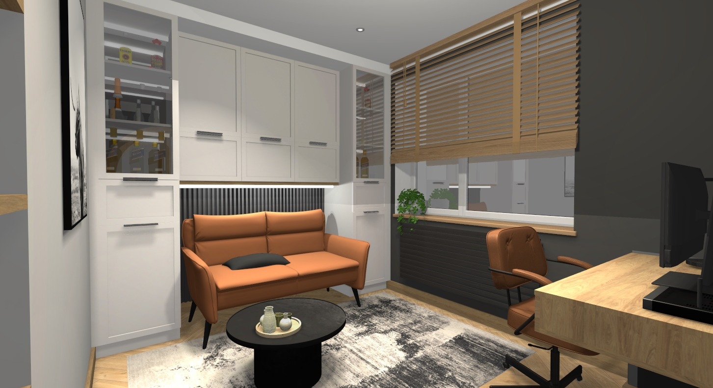 Wizualizacja pokoju biurowego z sofą w kolorze karmelowym, czarnym stolikiem kawowym z dekoracjami, biurkiem z komputerem i brązowym krzesłem obrotowym na tle okna z drewnianymi żaluzjami.