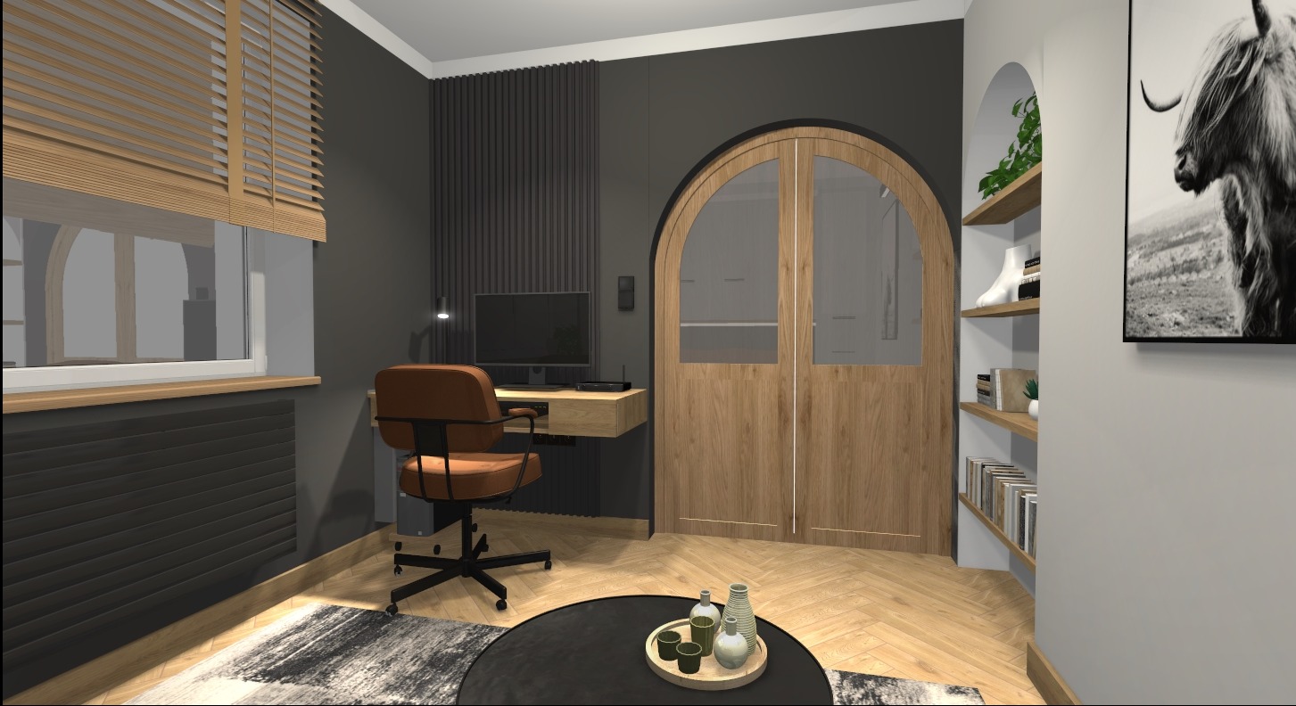 Wizualizacja pokoju biurowego w domu z biurkiem podwieszanym, krzesłem obrotowym z brązową tapicerką, drewnianymi drzwiami łukowymi i półkami z dekoracjami.