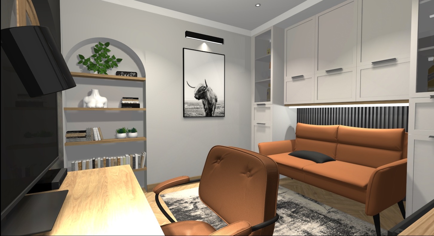 Wizualizacja biura domowego z biurkiem z jasnego drewna, brązowym fotelem obrotowym, pomarańczową sofą i półkami z dekoracjami, nad sofą zabudowa meblowa z oświetleniem.