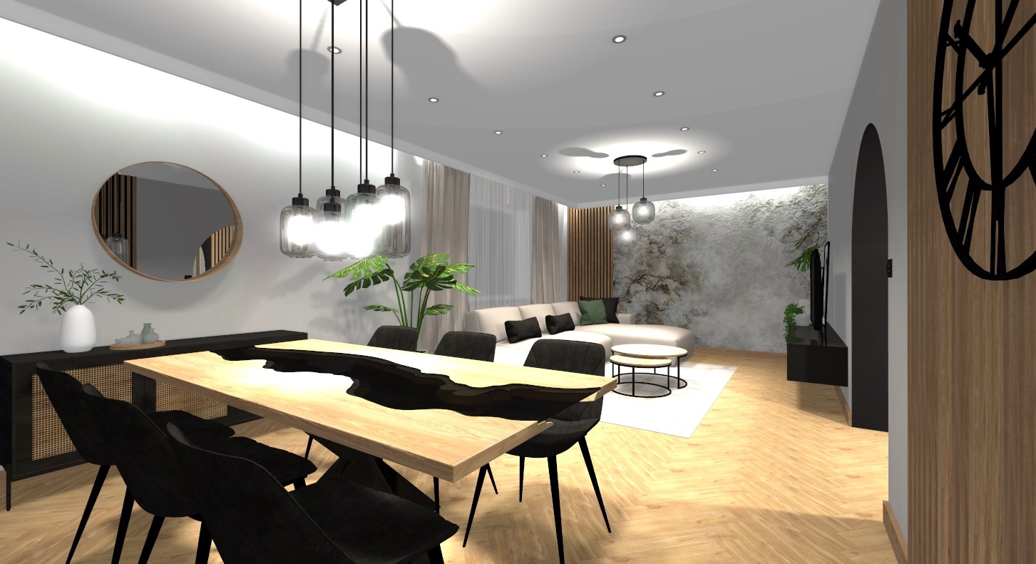 Wizualizacja przestronnego salonu z jadalnią: stół z blatem z jasnego drewna z czarną żywicą, czarne krzesła, lampy wiszące, sofa w kształcie litery L, ściana z efektem kamienia i dekoracyjny zegar.