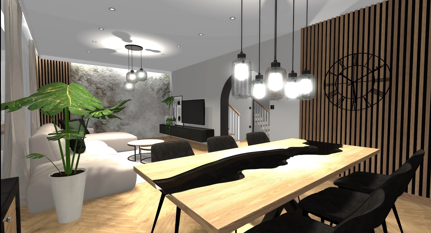 Wizualizacja przestronnego salonu z jadalnią: drewniany stół z czarną żywicą epoksydową, czarne krzesła, lampy wiszące nad stołem, drewniana ściana z dekoracyjnym zegarem, sofa w tle i roślina...