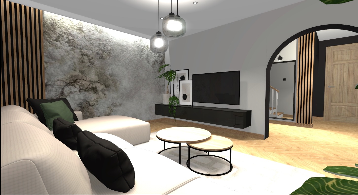 Wizualizacja salonu z białą sofą, dwoma okrągłymi stolikami kawowymi, czarną szafką RTV i ścianą z efektem betonu oraz drewnianymi lamelami, oświetloną trzema szklanymi lampami wiszącymi.