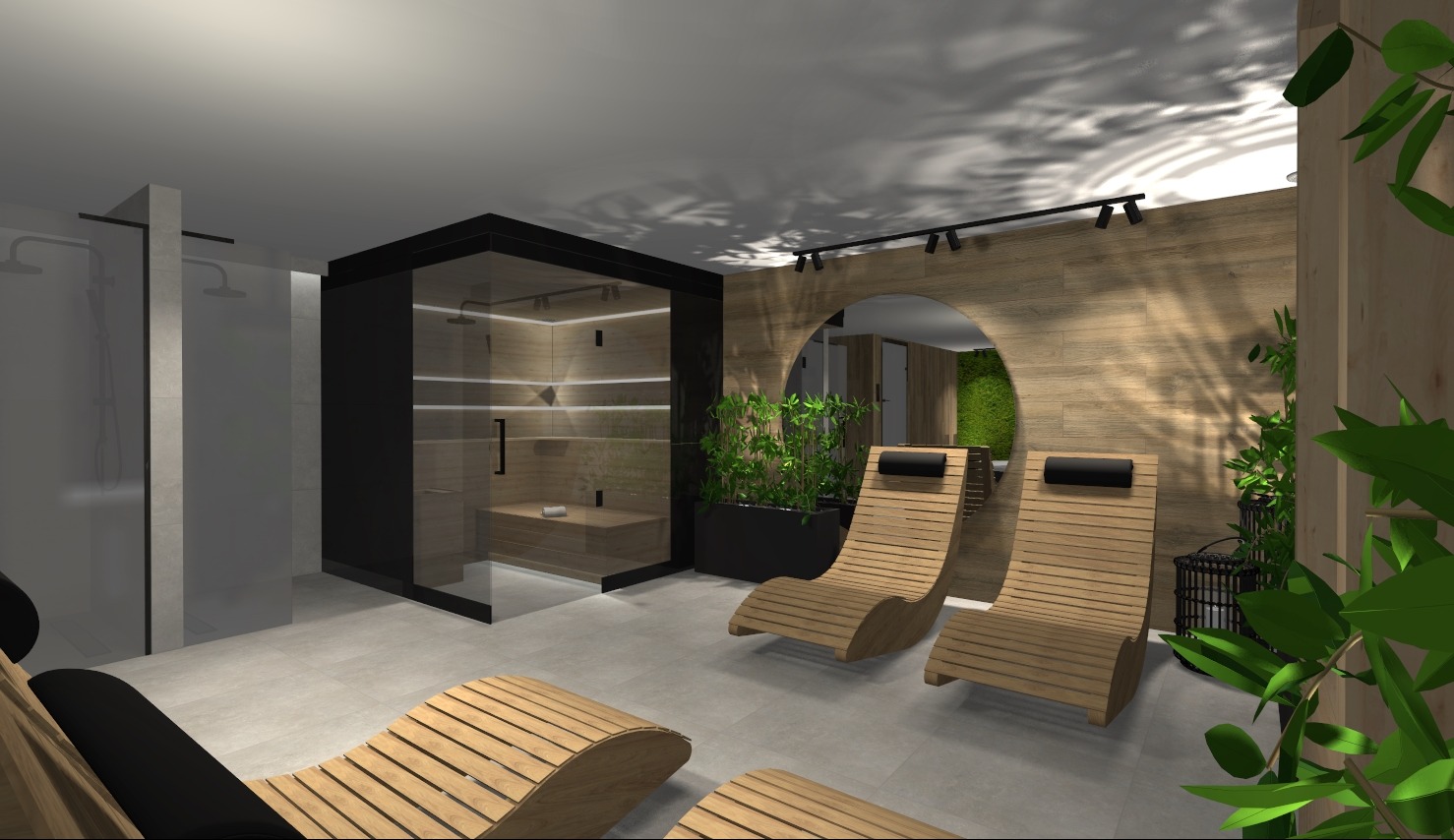 Wizualizacja łazienki z sauną, drewnianymi leżakami i ścianą z roślinami, oświetlenie punktowe na suficie.