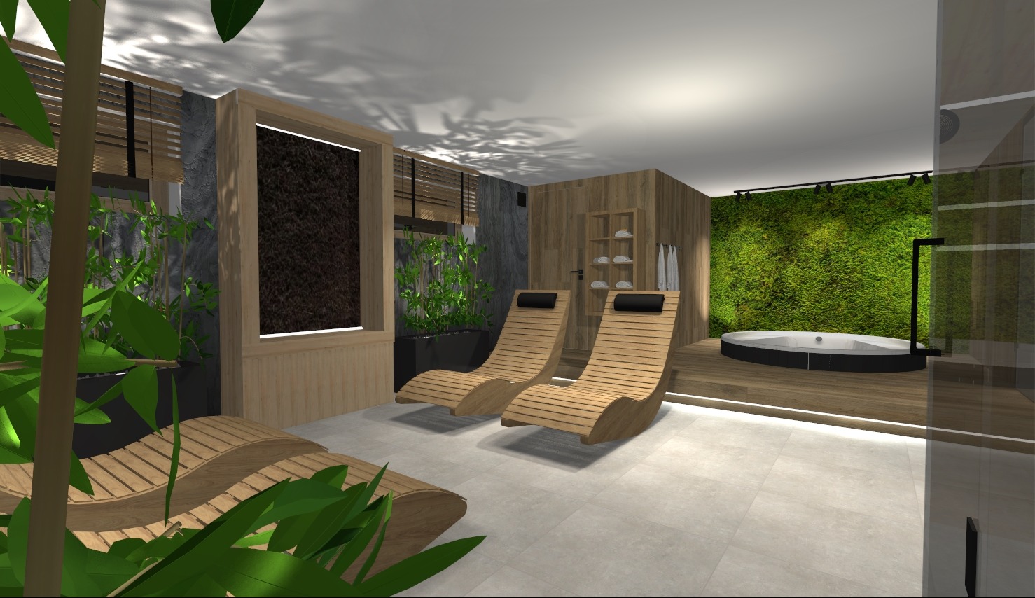 Wizualizacja nowoczesnej łazienki z drewnianymi leżankami relaksacyjnymi, ścianą z mchu, owalną wanną i roślinami doniczkowymi, oświetleniem punktowym i drewnianymi elementami wykończenia.