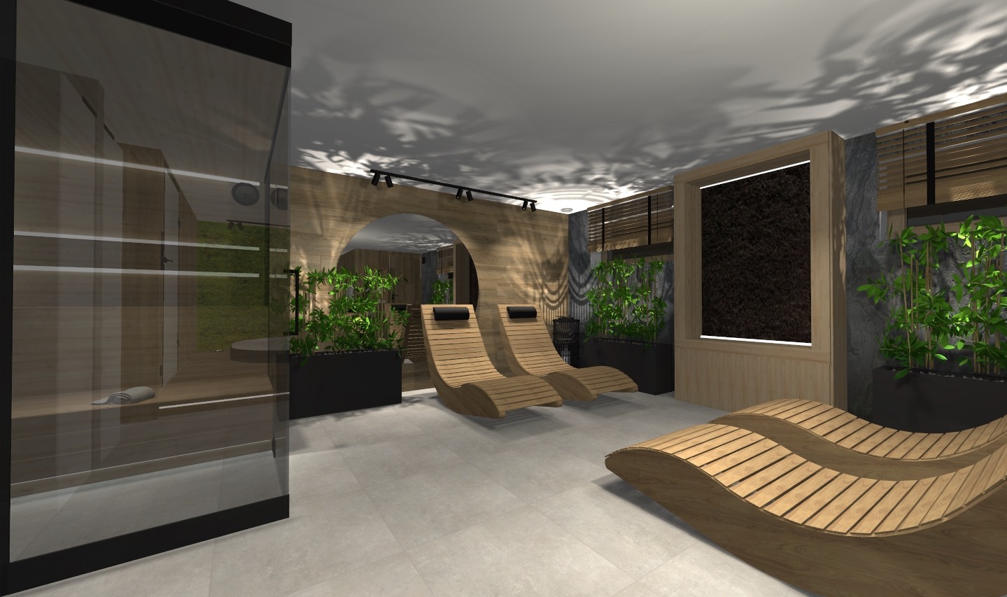 Wizualizacja wnętrza strefy relaksu z sauną, drewnianymi leżankami, roślinami w czarnych donicach i oświetleniem punktowym.