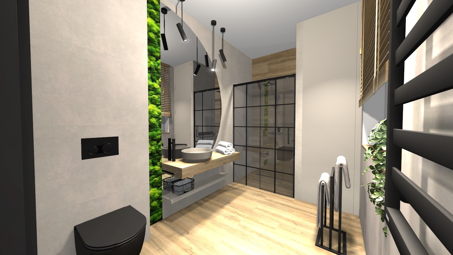 Nowoczesna łazienka z zieloną ścianą z mchu, umywalką nablatową w kolorze szarym, czarną armaturą, kabiną prysznicową typu walk-in z czarnymi szprosami i drewnianą podłogą.