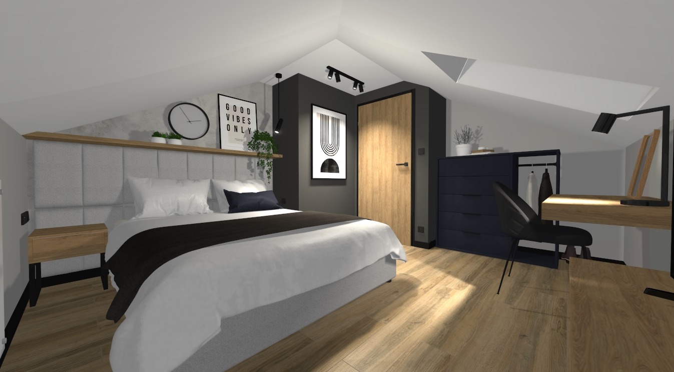 Wizualizacja sypialni na poddaszu z szarą tapicerowaną ścianą za łóżkiem, drewnianą podłogą i biurkiem z czarnym krzesłem.