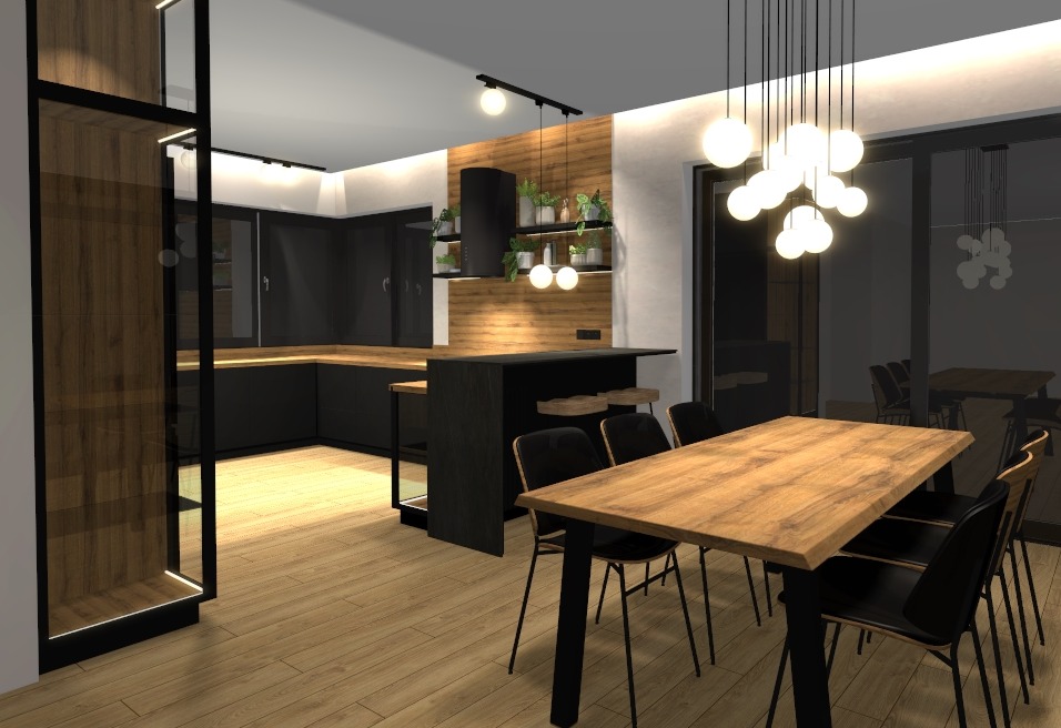 Wizualizacja nowoczesnej kuchni z czarnymi szafkami, drewnianym blatem i stołem jadalnym. Oświetlenie punktowe i wiszące lampy kuliste. Aranżacja z roślinami na półkach.