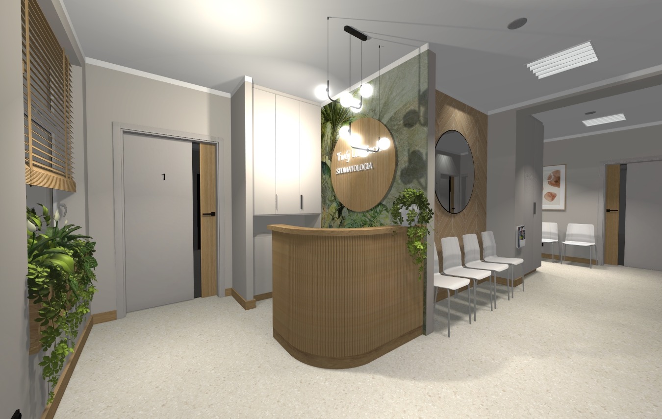 Wizualizacja recepcji gabinetu stomatologicznego z drewnianą ladą, roślinami i oświetleniem. W tle poczekalnia z krzesłami.
